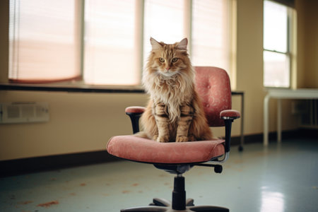 pet cat sitting on office chair in an otherwise empty room, created with generative aiの素材