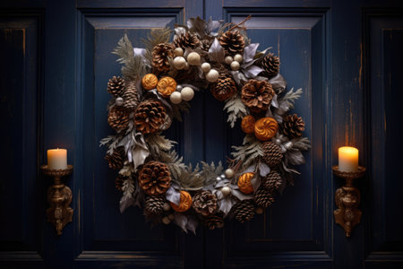 a new years wreath decorated with pine cones on the door, created with generative aiの素材