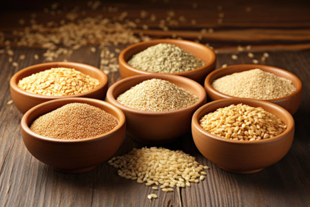 wheat alternative grains in individual bowls, created with generative aiの素材