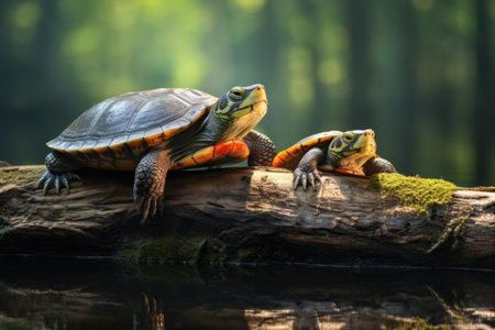 two turtles sunbathing on a log together, created with generative aiの素材