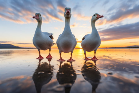 three geese walking in a line, created with generative aiの素材