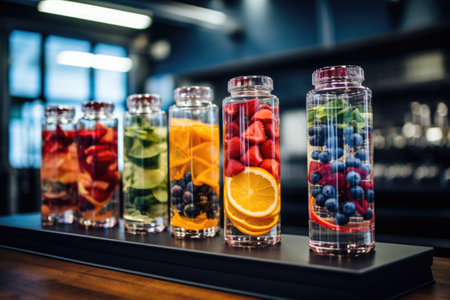fruit infused water bottles at a gyms hydration station, created with generative aiの素材