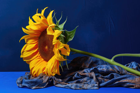 a wilted sunflower next to a vibrant one against a deep blue background, created with generative aiの素材