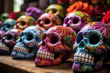 collection of sugar skulls for day of the dead, created with generative aiの素材