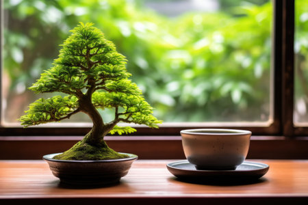 a bowl of matcha tea next to a bonsai tree, created with generative ai