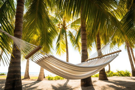 a hammock hanging between two tall palm trees, created with generative aiの素材