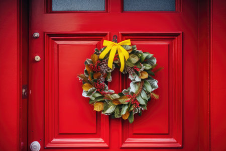 homemade boxing day wreath on the bright red door, created with generative aiの素材