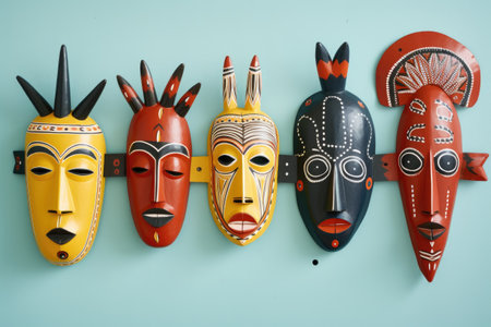 a group of decorative african masks set against a bright wall, created with generative aiの素材