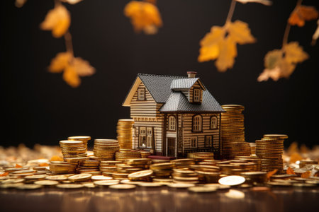 residential house model on top of a pile of coins, created with generative aiの素材
