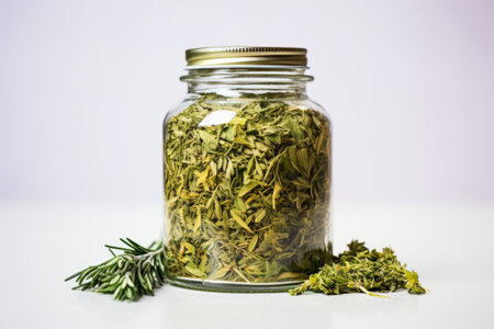 glass jar of dried medicinal herbs against plain backdrop, created with generative aiの素材
