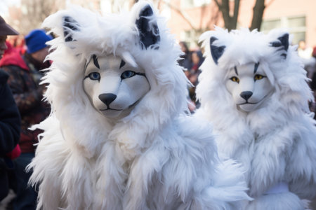 close-up shot of a snowy furry parade costume, created with generative aiの素材