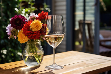 a glass of wine beside a vase of flowers on an outdoor table, created with generative aiの素材