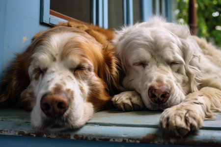 a pair of old dogs sleeping side by side on a porch, created with generative aiの素材