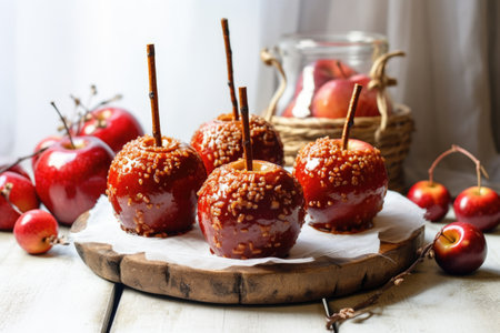 homemade toffee apples displayed on a white table, created with generative aiの素材