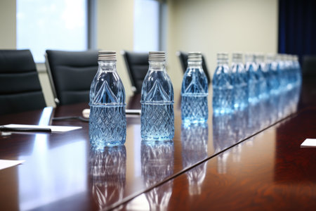 matching water bottles on a conference table, created with generative aiの素材