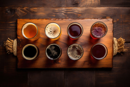 a flight of craft beers on a wooden panel, shot from above, created with generative aiの素材