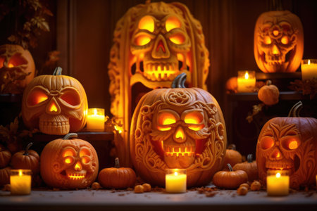 carved pumpkins with soft glow from inside, created with generative aiの素材