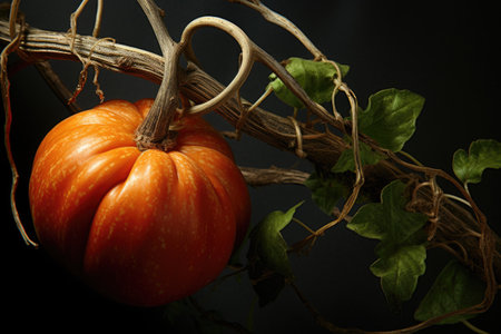 close-up shot of a pumpkin with twisting vine still attached, created with generative aiの素材