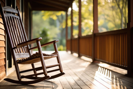 close-up of empty rocking chair on a porch, created with generative aiの素材