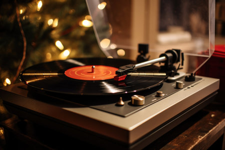 a record player spinning a vinyl of christmas carols, created with generative aiの素材