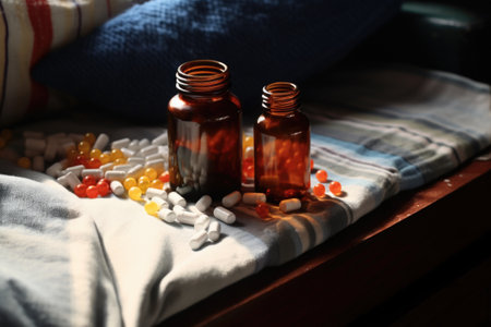 sleeping pills spilled from a bottle on a dresser, created with generative aiの素材