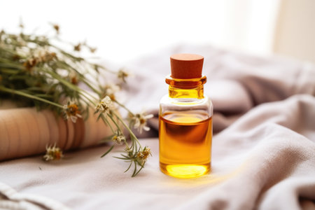 herbal sleeping aids in a pill bottle next to a bed, created with generative aiの素材
