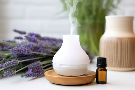 lavender essential oil next to a diffuser, created with generative aiの素材