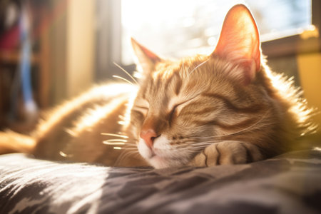 cat curled up sleeping in a warm sunbeam, created with generative aiの素材
