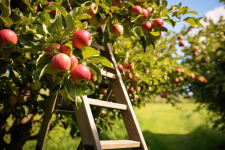 apples being harvested from an orchard with a wooden ladder, created with generative aiの素材