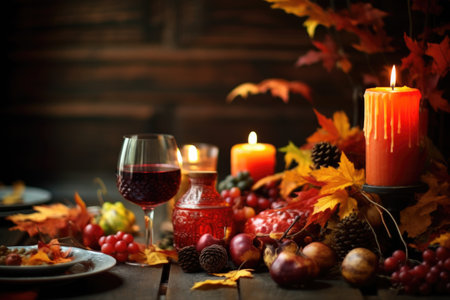 candles with autumn foliage on a table setting, created with generative aiの素材