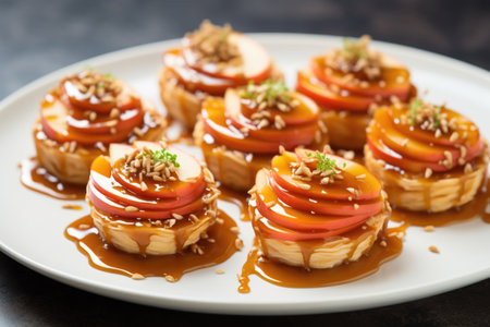 caramel apple tartlets on a white plate, created with generative aiの素材