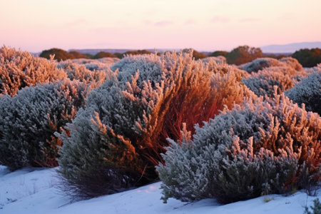 snow-topped juniper bushes under the mellow dawn light, created with generative aiの素材