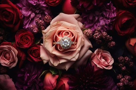 a bouquet of flowers with an engagement ring in the middle, created with generative aiの素材
