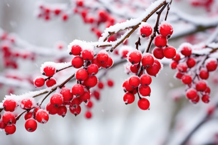 winter berries on a frosty shrub against a snowy backdrop, created with generative aiの素材