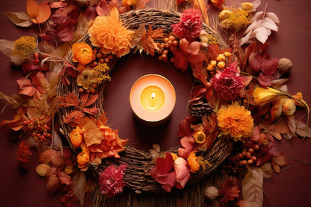 aerial view of a fall wreath with a cozy candle centerpiece, created with generative aiの素材