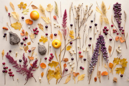 creative flat lay of leaves, berries, and twigs, created with generative aiの素材