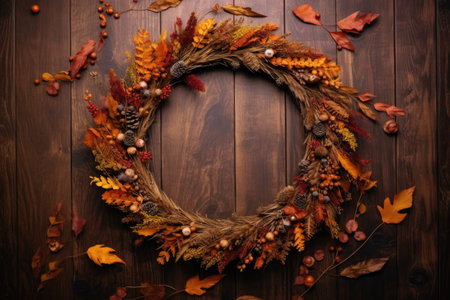 aerial view of autumn wreath on a wooden table, created with generative aiの素材
