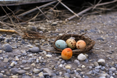 broken birds eggs near a displaced nest on the ground, created with generative aiの素材