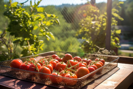 tomatoes on mesh trays in a sunny garden, created with generative aiの素材