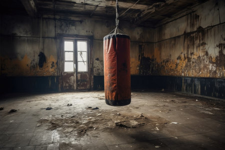 worn-out punching bag swaying in an eerie, empty gym, created with generative aiの素材