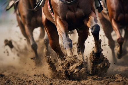 close-up of a racing horses hooves kicking up dirt on the track, created with generative aiの素材