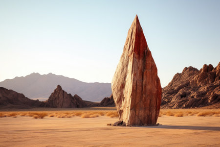 an isolated, weathered stone shaped like an arrowhead in a desert setting, created with generative aiの素材