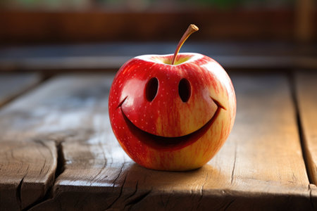 fresh apple carved with smiley face on a rustic wooden table, created with generative aiの素材