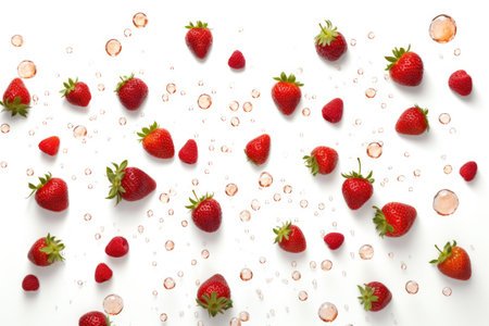 fresh strawberries scattered on a pristine white background, created with generative aiの素材