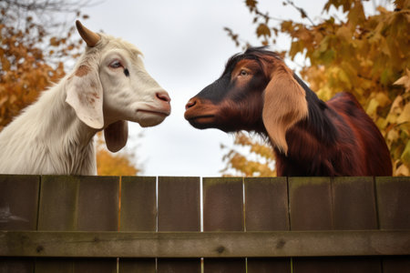 a goat and a cow staring at each other across a fence, created with generative aiの素材