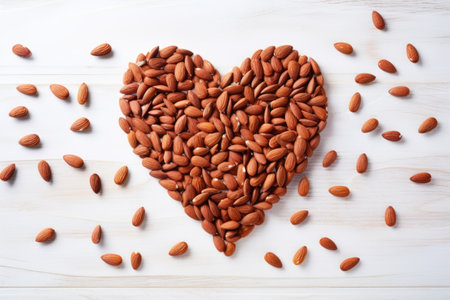 almonds forming a heart shape on a white table, created with generative aiの素材