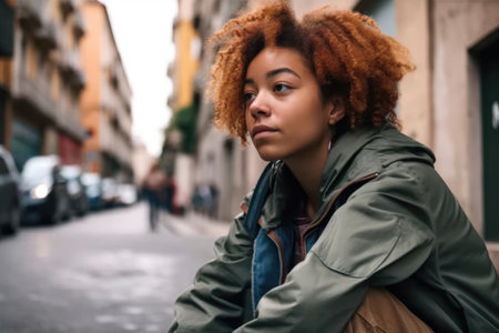 shot of a young woman taking a rest break while going for a walk through the city, created with generative aiの素材