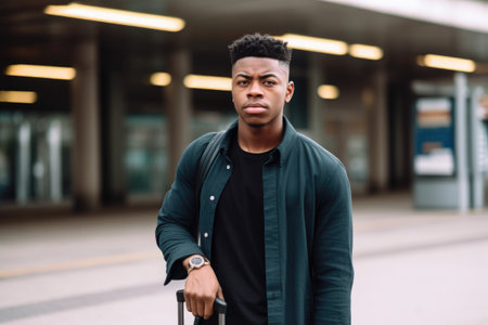 handsome young african american male standing alone and holding a suitcase while traveling abroad, created with generative aiの素材