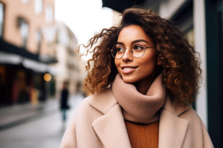 shot of a young woman enjoying coffee in the city, created with generative aiの素材