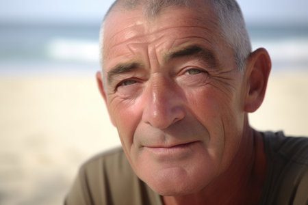 closeup of a man looking at the camera while sitting on the beach, created with generative aiの素材